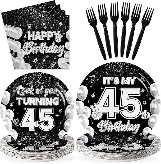 96Pcs 45th Birthday Party Decorations for Men Women Black White 45th Paper Plates and Napkins Set It's My 45th Birthday Theme Decorations for Look at You Turning 45 Years Old Party Supplies Serves 24