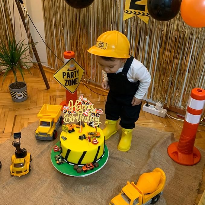 1 PCS Construction Happy Birthday Cake Topper Glitter Dump Truck Excavator Tractor Construction Cake Pick for Construction Theme Baby Shower Birthday Party Cake Decorations Supplies Gold