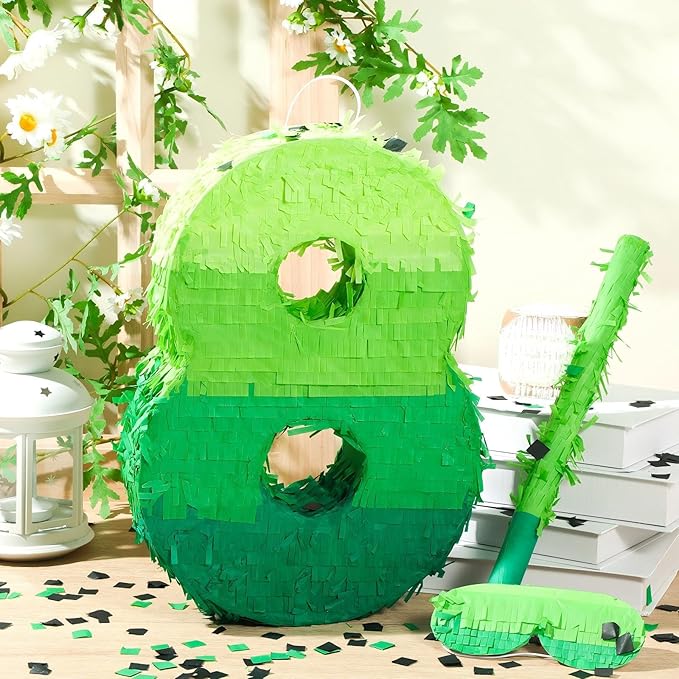 Number Piñata Decorations 16 Inch Gradient Green Piñata with Blindfold Stick and Confetti for Birthday Baby Shower Safari Jungle Themed Party Supplies Centerpiece(Number 8)
