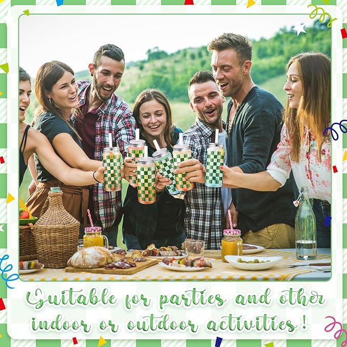 Patelai 24 Pack Sage Green Gingham Cups 13.5 oz Clear Green Checkered Plastic Cups with Lid and Straw Reusable Plastic Plaid Tumbler for Baby Shower Wedding Birthday Bachelor Party Supplies