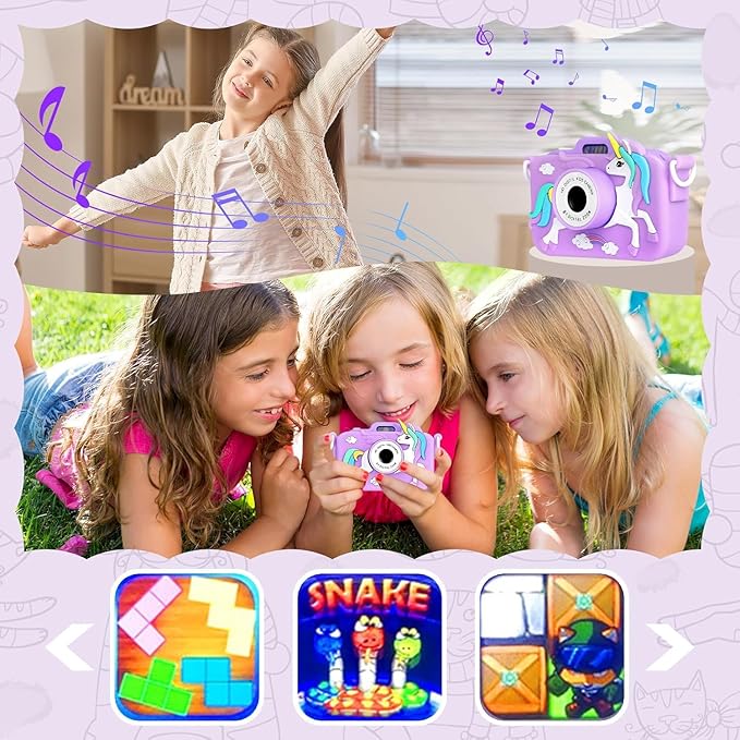 Unicorn Camera for Kids - Toddler Digital Selfie Camera with Silicone Cover, Flash and 32GB SD Card - Children Toy HD Video Kids Camera for Girls and Boys 3-12 Years - Purple