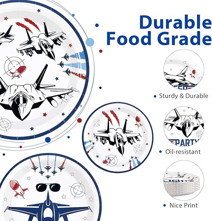 Grencian 60Pcs Fighter Jet Pilot Paper Plates 9" Disposable Heavy Duty Military Jet Dessert Paper Plates Top Air Force Gun Tableware Set for Kids Airplane Aviation Aircraft Party Decorations