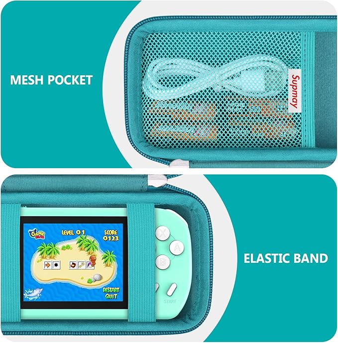 Supmay Carrying Case Compatible with CCTU / TEBIYOU Kids Handheld Games Preloaded 218 Retro Video Games, Portable Gaming Electronic Toys Storage Holder Travel Bag with Mesh Pocket for USB Cable, Green