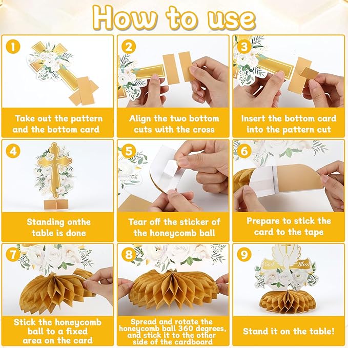 party greeting 14Pcs White Gold Floral Decoration Honeycomb Centerpieces God Baptism Decoration God Bless Centerpieces for Table Decoration First Communion Party Supply Centerpieces Double Side Table