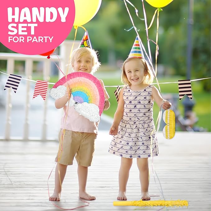 Rainbow Pinatas Bundle with a Blindfold and Bat (16.5x8.5x3.5 Inches), Rainbow Pinatas for Girls Birthday Parties Girl, Perfect for Unicorn Party, Theme Party, Decoration
