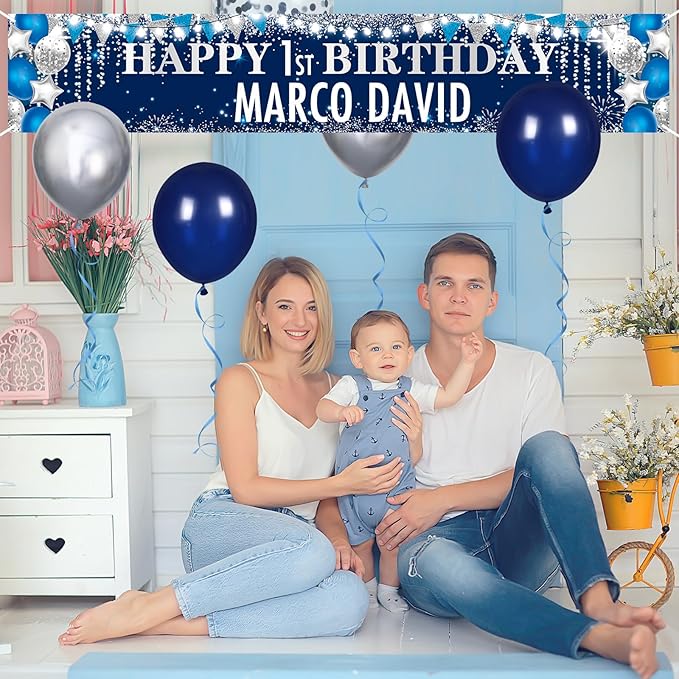 Large Blue Birthday Decorations Banner with Personalized Letter Stickers and Balloons DIY Navy Blue Silver Happy Birthday Yard Banner Custom Bday Sign for Men Women Bday Party Supplies Outdoor