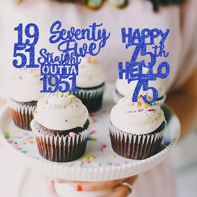 30 PCS 75th Birthday Cupcake Toppers Glitter Seventy Five Happy 75 Straight Outta 1951 Cupcake Picks for Cheers to 75 Fabulous 75th Birthday Anniversary Party Cake Decorations Supplier Blue