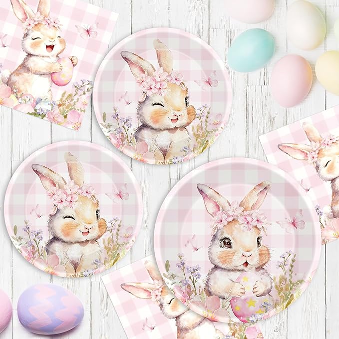 150 Pcs Easter Paper Plates and Napkins Sets Party Supplies - Disposable Cute Pink Plaid Easter Bunny Eggs Dinner Plate Napkin Paper Tableware for Spring Easter Table Decorations Party Supply,Serve 50