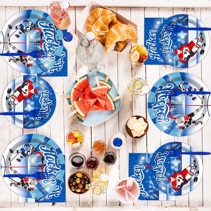 Wiooffen 96pcs Hockey Party Supplies Ice Hockey Birthday Party Plates Napkins Set Disposable Tableware Kit Birthday Party Sport Events Decorations Favors for Kids, Serve 24