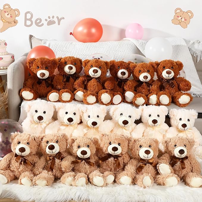 Zhanmai 18 Pcs 14 Inch Bears Stuffed Animal Bulk Gifts Plush Bear Toys for Birthday Baby Shower Graduation Party Favor(Light Brown, Dark Brown, White)