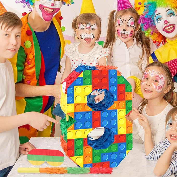 Number 8 Pinata with Blindfold and Bat Stick Building Block 8th Birthday Decorations for Kids Boys Girls Building Block Birthday Party Games Number Pinata for Fiesta