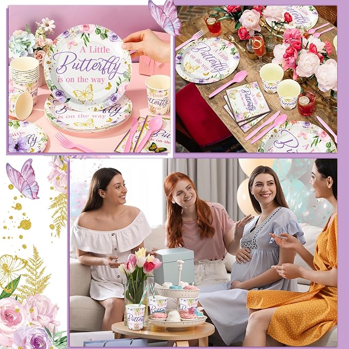Dandat 350 Pcs Baby Shower Plates Set Baby Shower Party Supplies Serves 50 Tableware Sets Include Plates Napkin Cup Forks Knives Spoons Disposable Dinnerware(Butterfly,Purple)