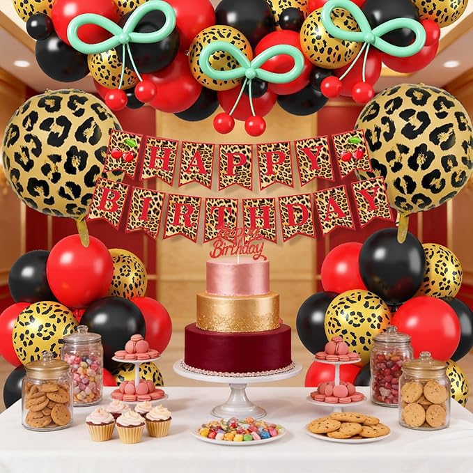 Red Cheetah and Cherry Birthday Decorations, Leopard Brithday Banner Red Black Cheetah Print Balloons Fringe Curtain Cake Toppers for Girls Women Birthday Bachelorette Party Decoration Supplies