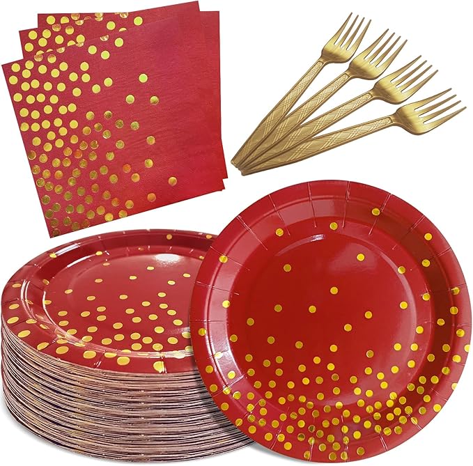 Red and Gold Party Supplies,Serves 35 Guests 7" Red Paper Plates Napkins,Birthday Plates and Napkins for Wedding Graduation
