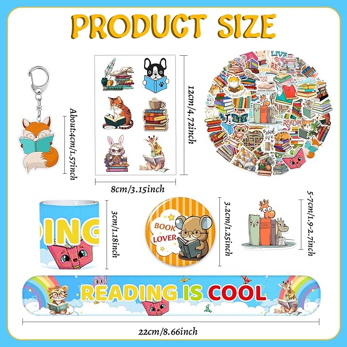 98 PCS Reading Book Party Favors, Reading Book Temporary Tattoos Slap Bracelets Stickers Badges Keychains for Reading Book Birthday Party Decorations Supplies for Book Lovers