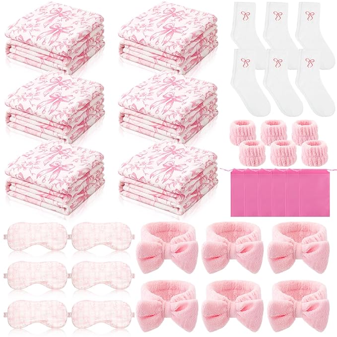 Honeydak 36 Pcs/ 6 Sets Sleepover Party Supplies Throw Blankets Fuzzy Socks Bow Eye Masks Headbands Wristbands with Bags for Slumber Spa Party Favors Girls Women Coquette Gifts