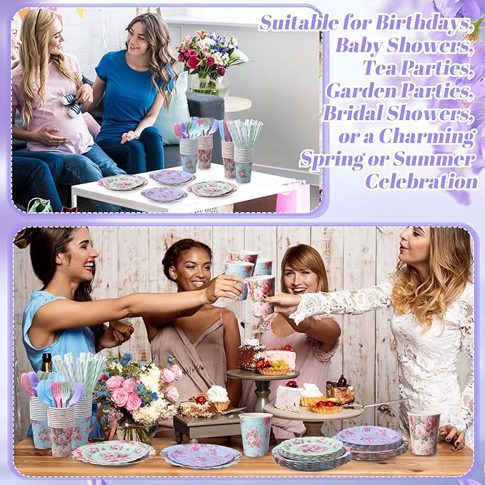450 Pcs Vintage Floral Tableware Set Tea Party Decorations Floral Paper Plates Disposable Napkins Cups Cutlery Straws for Tea Party Birthday Baby Bridal Shower Wedding Supplies, Serves 50