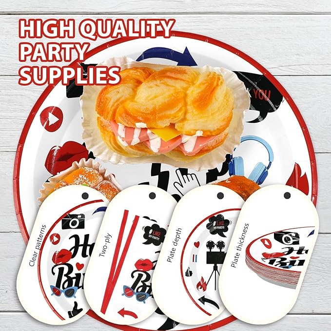 96Pcs Social Media Youtube Birthday Party Decorations Social Media Inspired Plates and Napkins Camera Themed Tableware Set for Adults Youtube Birthday Subscribe Play Video Party Supplies Serves 24