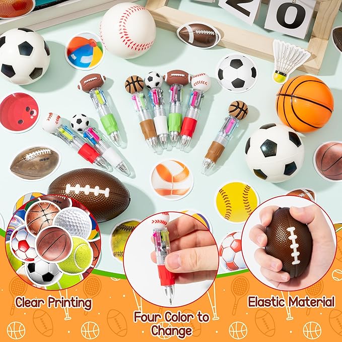 CY2SIDE 12 Pack Sport Squeeze Ball Party Favor Gift Set with Ballpoint Pen Sticker 2.5’’ Baseball Basketball Football Soccer Stress Ball Classroom Prize for Kid Sport Lover Birthday Goodie Bag Stuffer