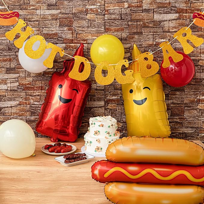 Gejoy 213 Pcs Hot Dog Party Decorations Kit - Includes 12 Pcs Hot Dog Balloons, 200 Latex Balloons & 1 Set Glitter Banner for Birthday Sausage Food Party Supplies & BBQ Celebrations