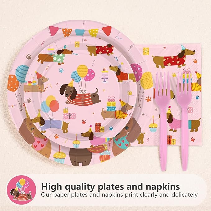 96Pcs Dachshund Dog Birthday Party Decoration Pink Wiener Dog Puppy Plates and Napkins Cartoon Puppy Pet Themed Disposable Paper Tableware Set for Kids Birthday Party Supplies Serves 24