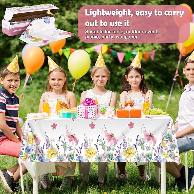 Kochorie Spring Flower Tablecloth Roll with Cutting Box 54 Inch x 100 Feet Butterfly Wildflower Plastic Disposable Tablecloth Picnic Themed Backdrop Tea Party Supplies for Holiday Weeding Birthday
