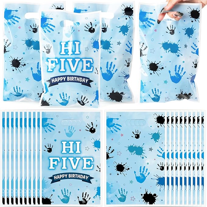 Hi Five Party Favor Bags - 50Pcs Blue High 5 Year Old Goody Candy Treat Gifts Bags 5th Birthday Painting Decorations for Boys Girls Kids Five Years Old Birthday Baby Shower Supplies