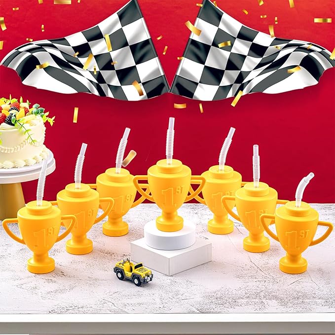 Amyhill 12 Pcs Race Car Trophy Cups With Straws and Lids 12 Oz Plastic Race Car Birthday Party Supplies And Favors For Kids Adults Props Rewards Winning Prizes Competitions (Gold)