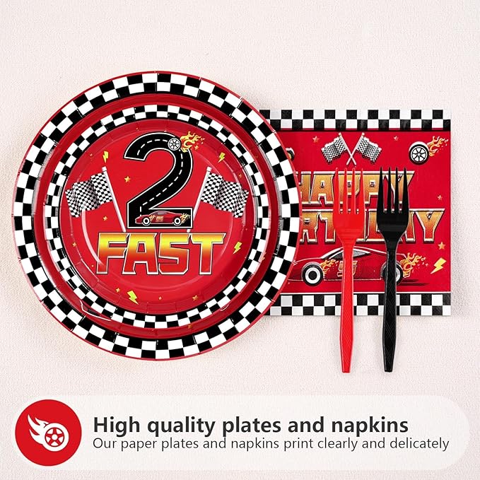 Grencian 96Pcs Race Car Two Fast Decorations 2nd Birthday Party Plates and Napkins Racing Themed Disposable Tableware Set for 2 years old Boys Transportation Birthday Party Serve 24