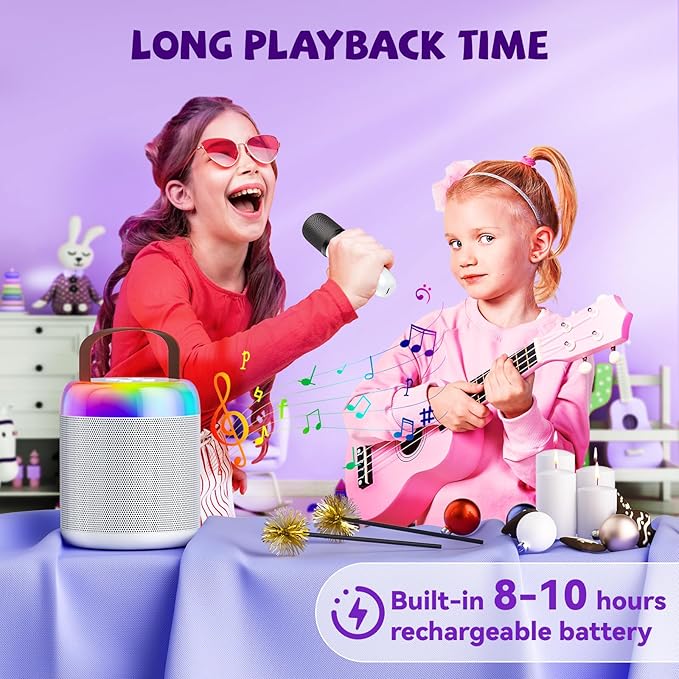 Mini Karaoke Machine for Kids, Portable Bluetooth Speaker with Wireless Microphones, Gift for Girls Toys 4, 5, 6, 7, 8, 10, 12+ Years Old Birthday Family Home Party(Y2-White-1 Mic)