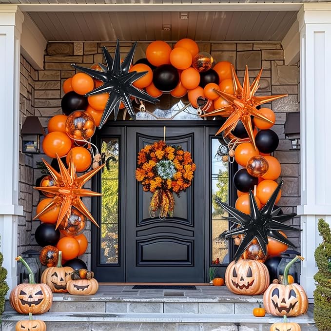 TONIFUL 4Pcs 22 Inch 4D Huge Star Balloons,Explosion Star Mylar Foil Balloons for Halloween Party Supplies Backdrop,Christmas,New Year,Birthday, Wedding,Photo Booth Ornament (Black Orange)