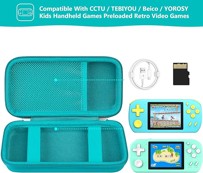Supmay Carrying Case Compatible with CCTU / TEBIYOU Kids Handheld Games Preloaded 218 Retro Video Games, Portable Gaming Electronic Toys Storage Holder Travel Bag with Mesh Pocket for USB Cable, Green