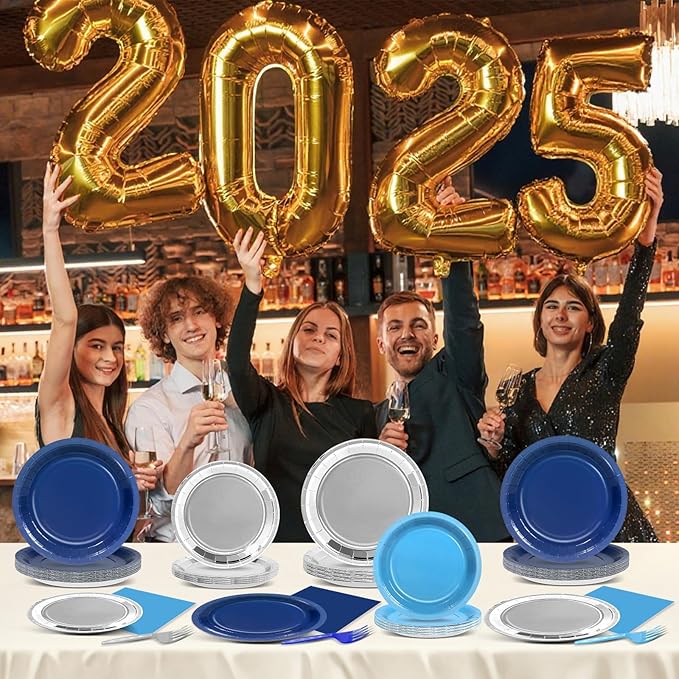 96Pcs Navy Blue and Silver Birthday Party Decorations Blue and Silver Paper Plates and Napkins Sets Navy Tablewares Dinnerwares for Men and Boys Birthday Baby Shower Party Supplies Favors 24 Guest