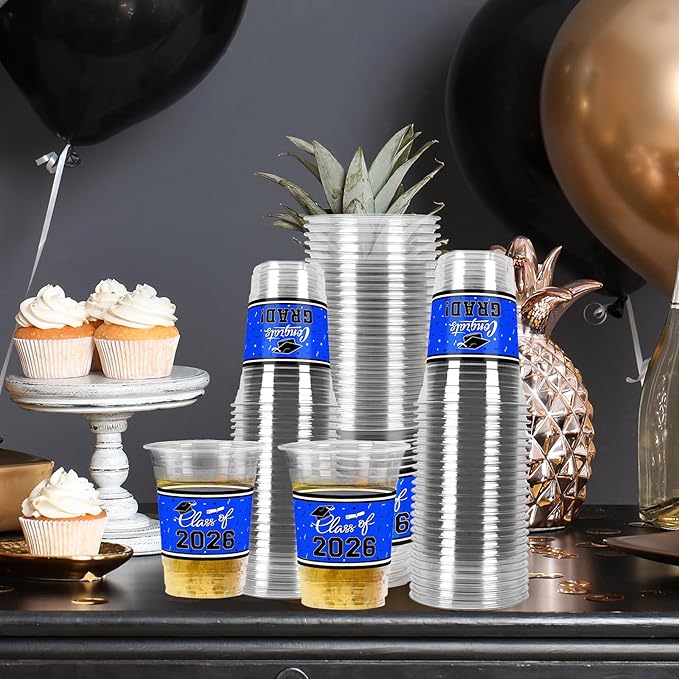 Gatherfun Graduation Decorations 2026-100 Pcs 16oz Blue Graduation Plastic Cups for Grad Party | Sturdy & Durable Drinkware for Grad Festivities | Essential Grad Party Supplies & Decorations