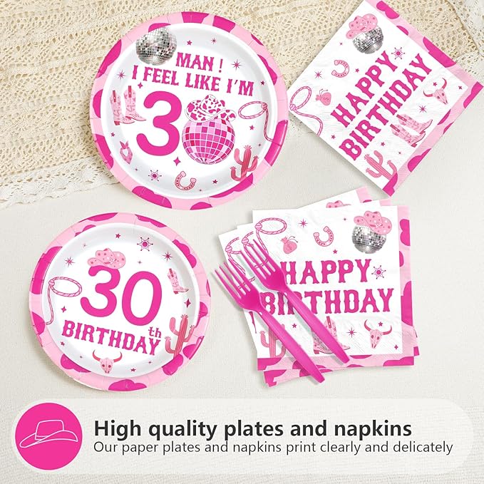 96Pcs Western 30th Birthday Decorations Man I Feel Like I'm 30 Plates and Napkins Disco Cowgirl Birthday Decoration for Women Thirty Years Old Nashville Western Wild West Theme Party Supplies Serve 24