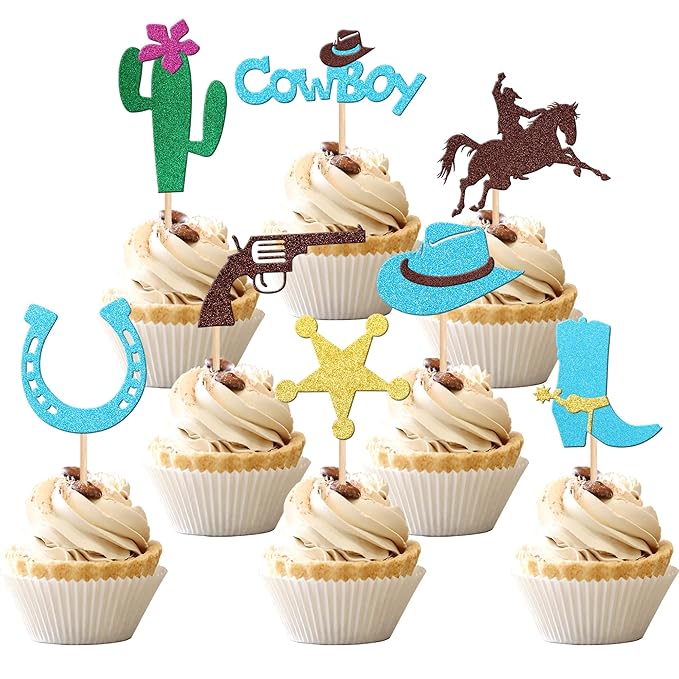 32 PCS Cowboy Cupcake Toppers Glitter HorseShoe Cowboy Hats Boots Cactus Gun Cupcake Picks Western Theme Baby Shower Boys Birthday Party Cake Decorations Supplies