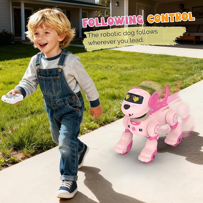 PRANITE Robot Dog, Programmable Remote Control Dog Toy for Kids with One-Key Following, Voice Control, Touch, Dance, Sing, Smart RC Stunt Puppy Toy Gift for Boys Girls (Pink)