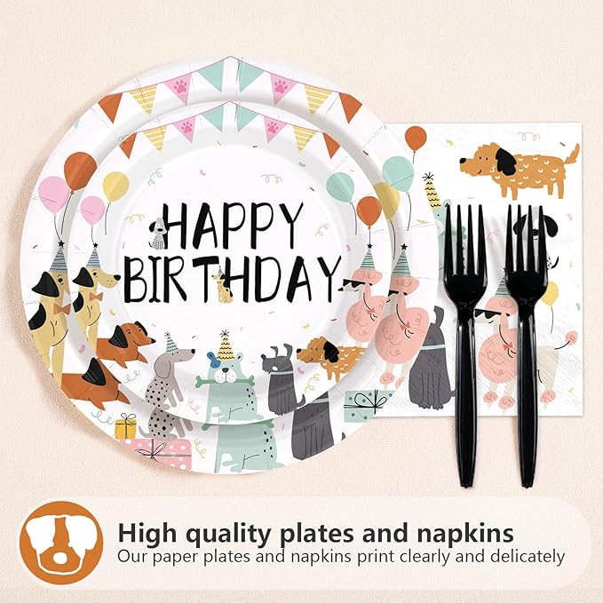 96Pcs Bad Two the Bone Party Supplies 2nd Dog Birthday Plates and Napkins Cute Cartoon Dog Theme Tableware Set for 2 Year Old Puppy Themed Birthday Party Supplies，Serves 24
