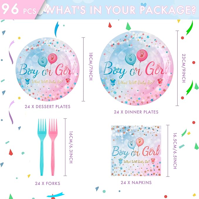 CANREVEL 96 PCS Gender Reveal Plates Set, Serve 24, Disposable Tableware for Gender Reveal Decorations, Boys Girls Kids