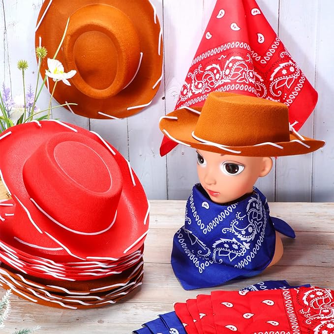 Unittype 18 Sets Cowboy Hats and Bandanas Bulk Kids Western Cowboy Costume Accessories Kids Party Supplies