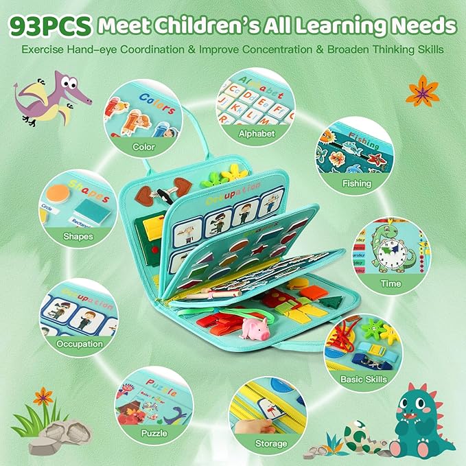 Toddler Busy Board for 1 Year Old, Montessori Toy Sensory Busy Book for Toddler 1-3 Fishing Game Life Skill, Learning Toy Car plane Activities Travel Essential 2-4 Birthday Easter Basket Stuffers Gift