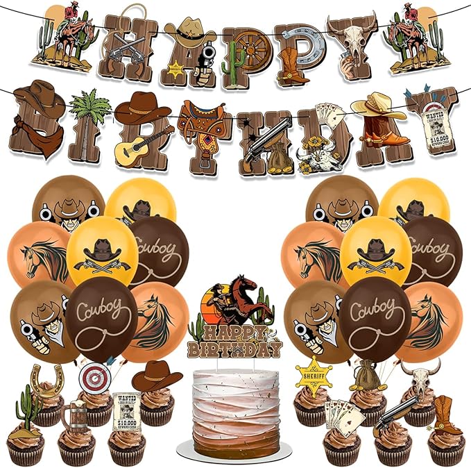 Western Cowboy Party Decorations, Cowboy Party Banner Balloon Cake Toppers for Boys and Girls Favorite Cowboy Theme Party Supplies