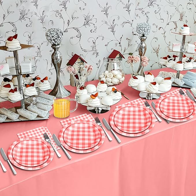 180Pcs Red Gingham Party Supplies Paper Plates and Napkins Serve 60 Disposable Tableware Set for Birthday Party Decorations Game Day Family Holiday Sports Events