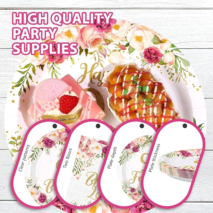 96Pcs 95th Birthday Decorations for Women Rose Gold Floral Party Plates and Napkins Disposable 95th Birthday Gifts Tableware Set for Women Fabulous Party Decorations Serves 24