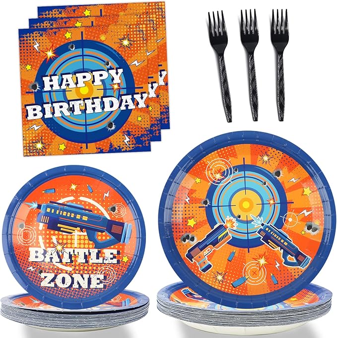 96 Pcs Dart War Plates and Napkins Party Supplies Dart War Themed Birthday Tableware Set Blue and Orange Party Decorations Favors for Kids Boys' Birthday Baby Shower Serves 24