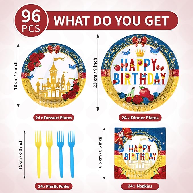 96 Pcs Snow Princess Birthday Party Supplies Cartoon Snow Plates and Napkins Gold Castle Tableware Set for Girls Birthday Baby Shower Princess Theme Party Supplies, Serves 24