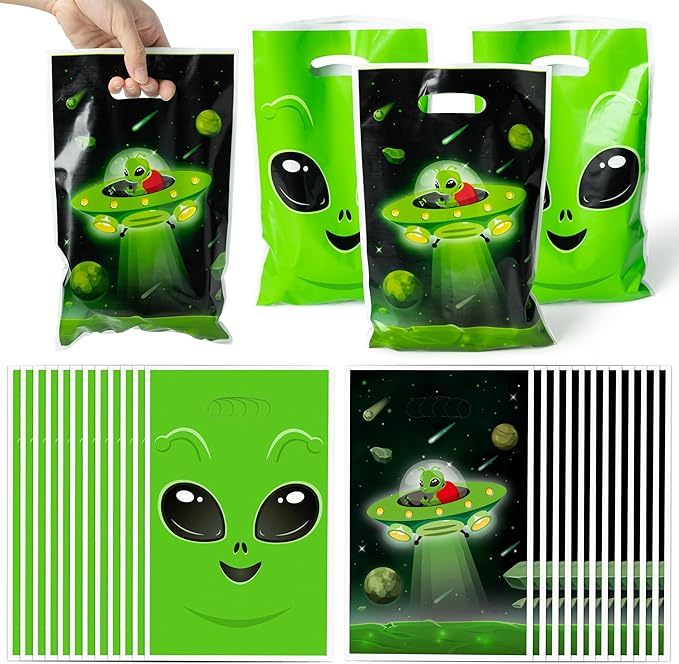 Green Alien Party Favor Bags 50Pcs Fun Alien Goody Candy Treat Gifts Bags, Space Themed Party Decorations for Kids Boys Girls Birthday Space Theme Events Supplies
