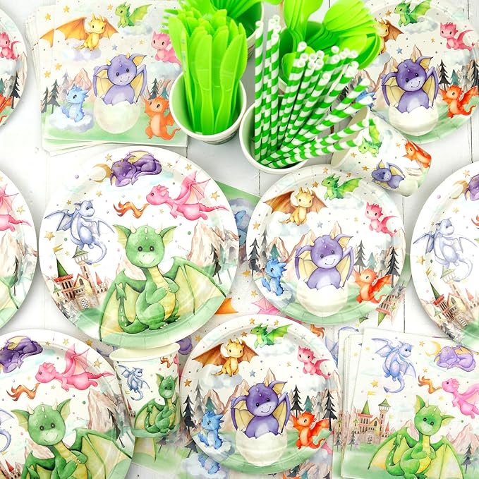 Dragon Party Supplies, Including Happy Birthday Banner, Plates,Cups, Napkins, Tablecloth, Balloons, Straws, for Dragon Theme Boy Girl Birthday Party Decorations Serves 20 Guest