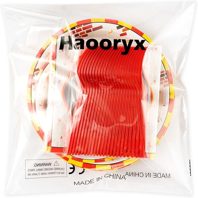 Haooryx Two the Rescue Party Tableware - 96Pcs Firefighter 2nd Birthday Decoration Red Yellow Fire Truck Themed Disposable Plates Napkins Forks for Kids 2 Years Old Birthday Party Table Decor Supply