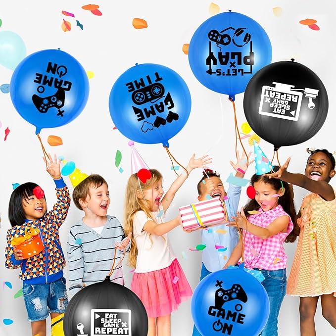 32 Pcs Video Game Punch Balloons Pixelated Punch Ball Pixel Video Game Balloons Latex Balls Toys for Birthday Party Favors Supplies, Goodie Bag Filler(Blue, Black)